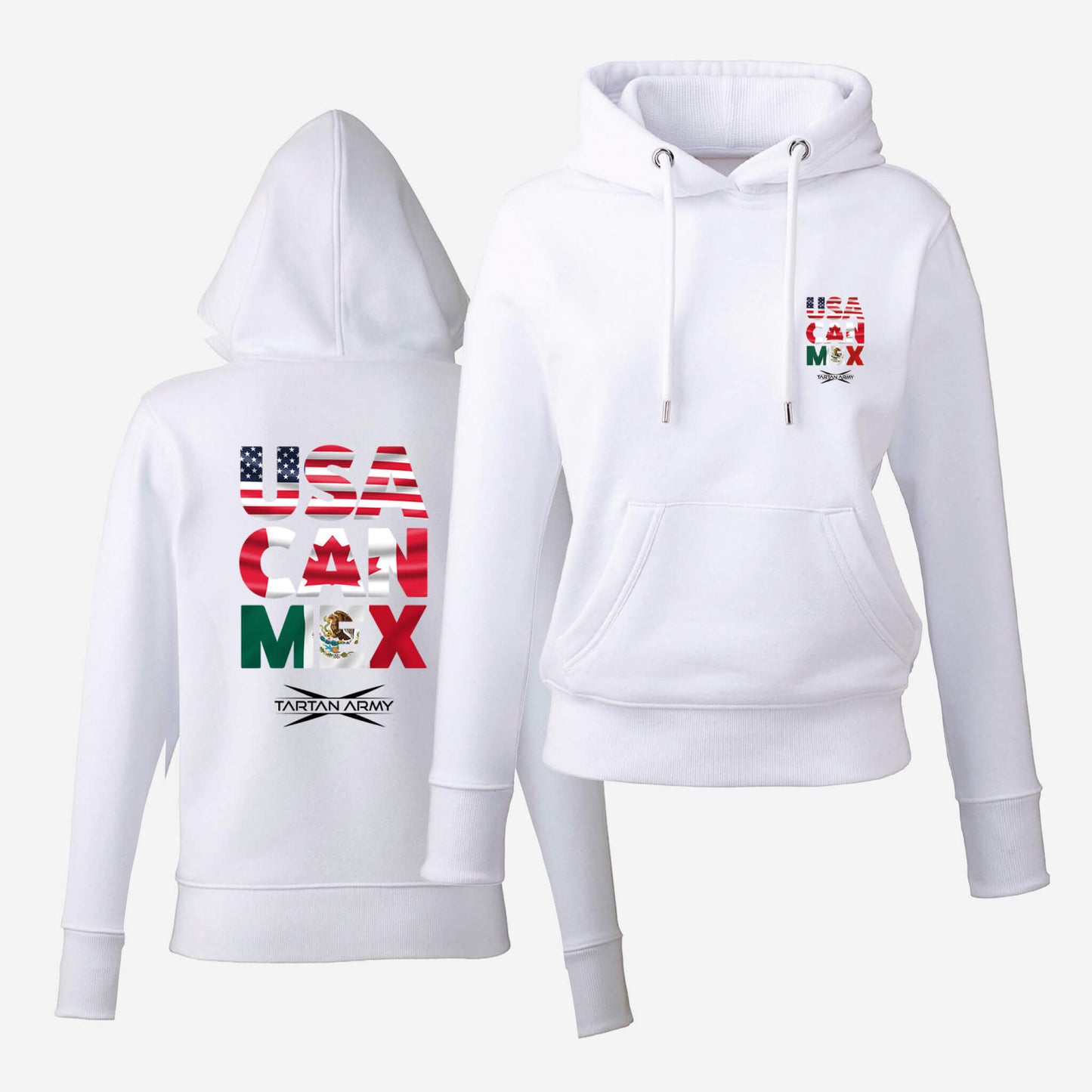 Front and back view of white fitted hoodie with USA CAN MEX design on the left chest and back.
