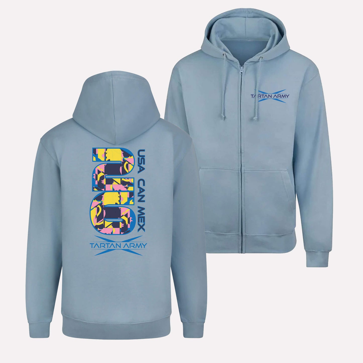 Front and Back views of sky blue zipped hoodie with Tartan Army logo on the left chest and Retro USA CAN MEX 26 design on the back