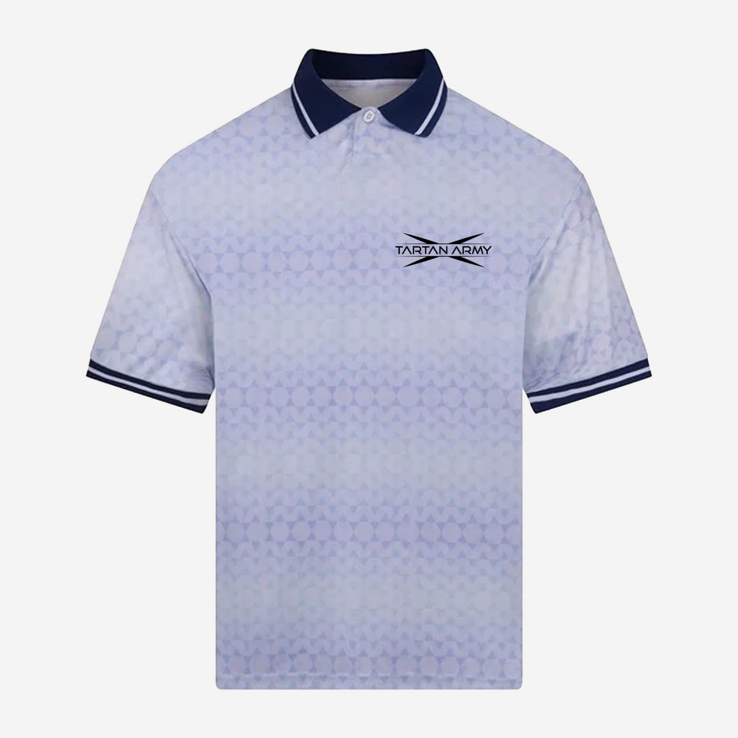 A white royal Tartan Army Retro style polo shirt with contrast white collar and wicking fabric.