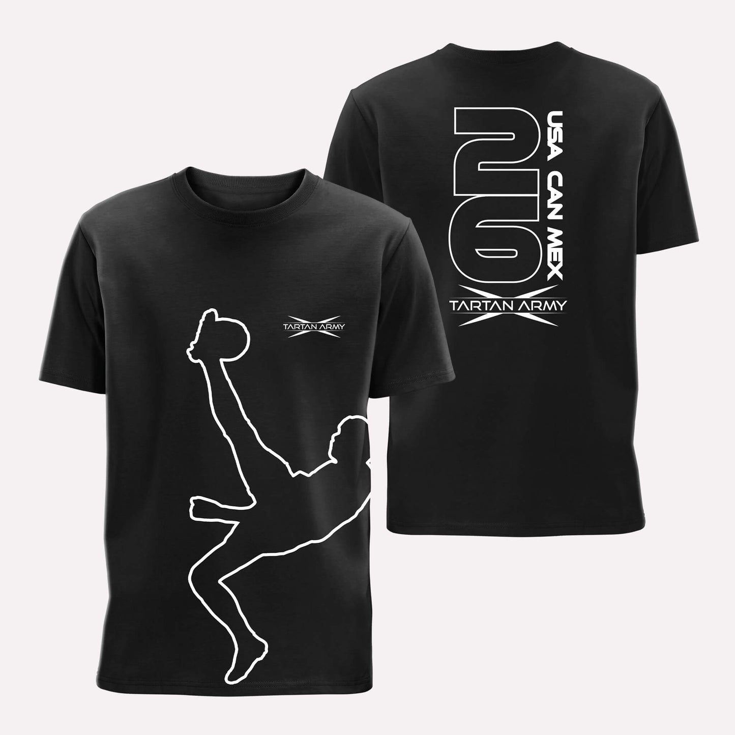Front and back views of black t-shirt with McTominay Silhouette printed on the front and Tartan Army USA CAN MEX design on the back
