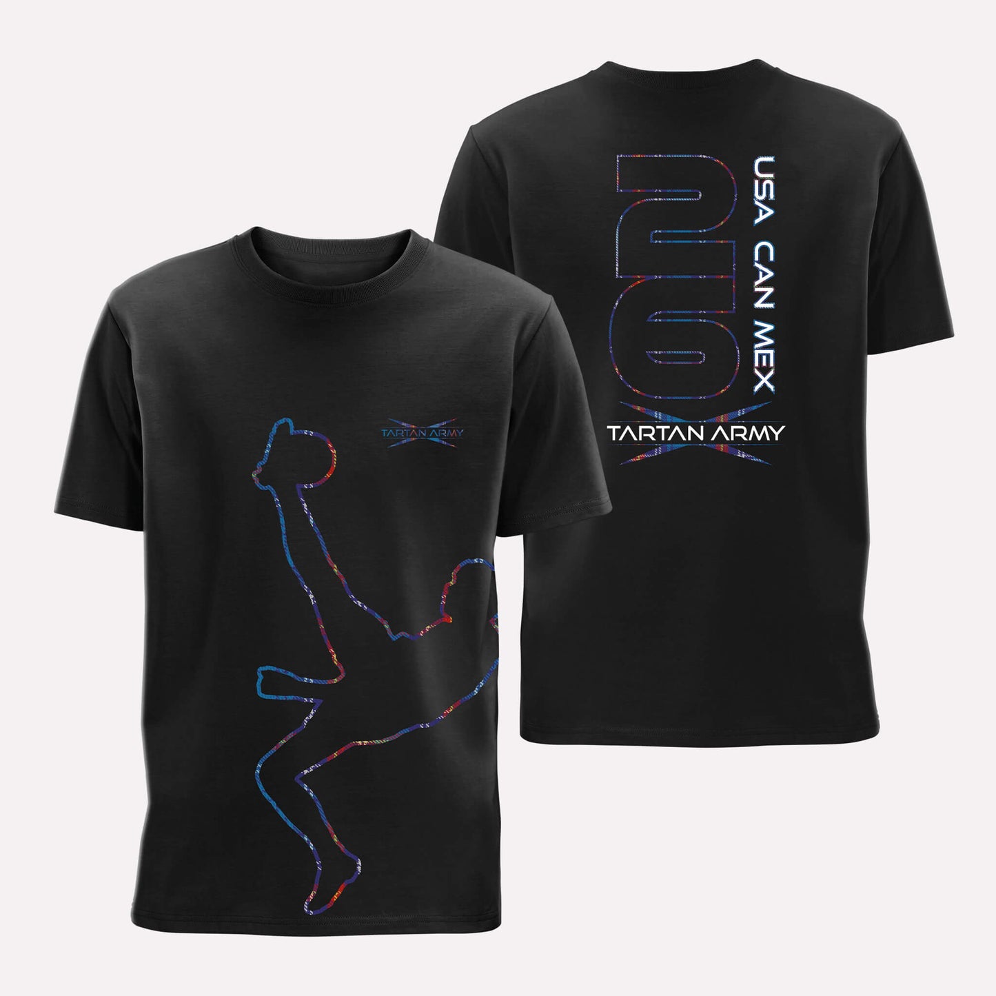 Front and back views of black t-shirt with McTominay silhouette outlined in tartan on the front and USA CAN MEX design on the back
