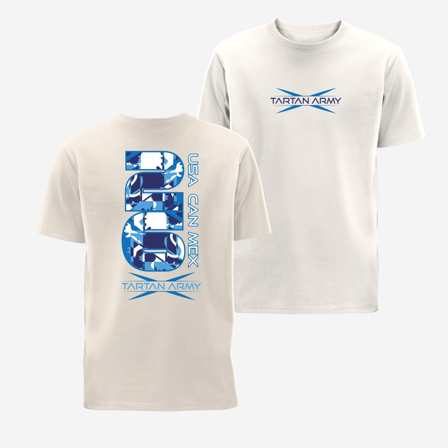 Front and back views of natural t-shirt with the Tartan Army logo printed on the front and Scottish Blue USA CAN MEX 206 design on the back