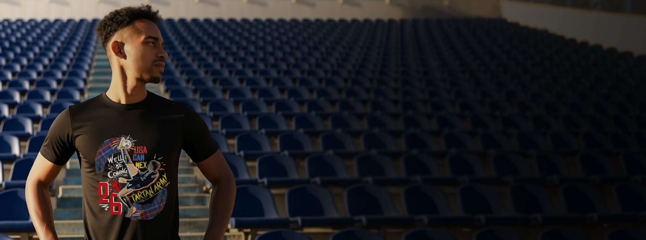Man in football stadium wearing Tartan Army T-Shirt from our New Arrivals collection
