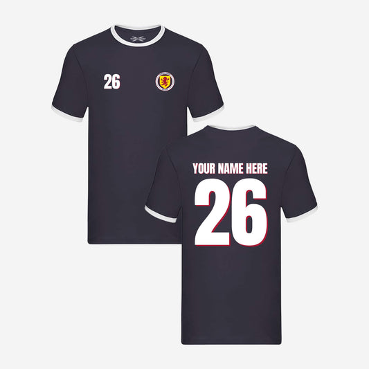 Personalised Retro T-Shirt - Navy - Front and Back Views - Official Tartan Army