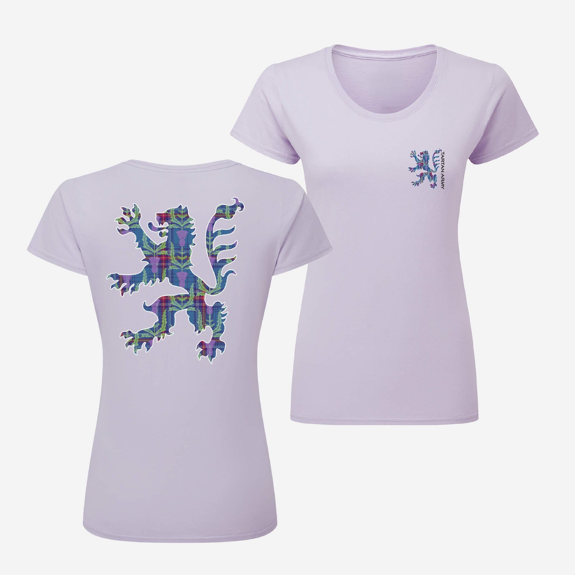 Front and back views of soft Lavender fitted t-shirt with tartan Lion Rampant printed on the left chest and back.