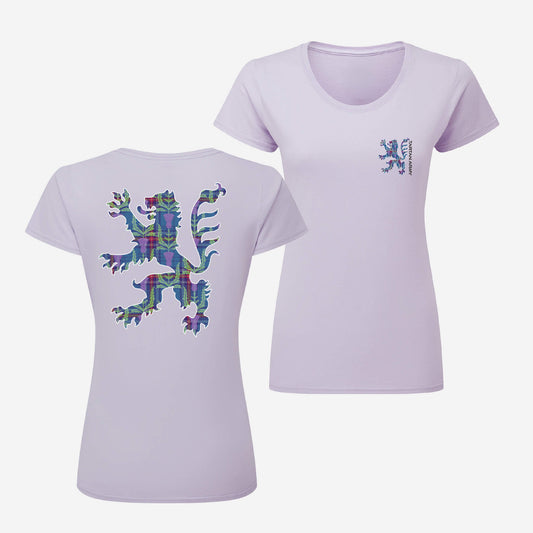 Front and back views of soft Lavender fitted t-shirt with tartan Lion Rampant printed on the left chest and back.