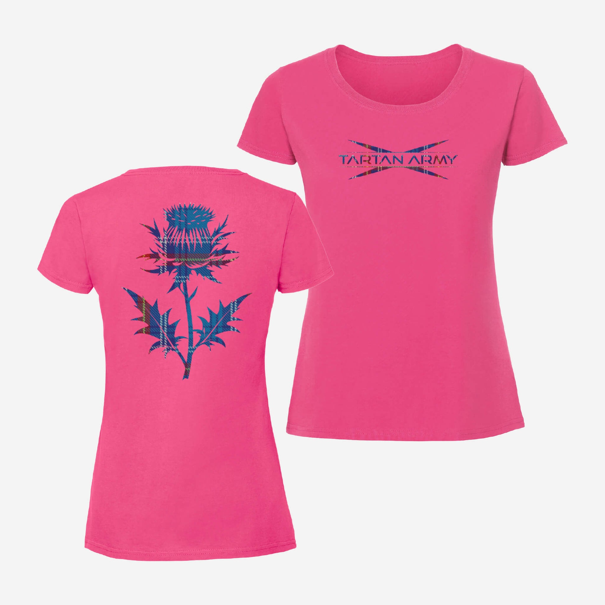 Front and back views of fuchsia fitted t-shirt with tartan army printed logo on the left chest and tartan thistle on the back.