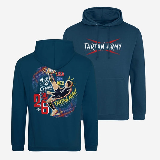 Ink Blue hoodie with Tartan Army logo on the front and vibrant graffiti style McTominay design printed on the back