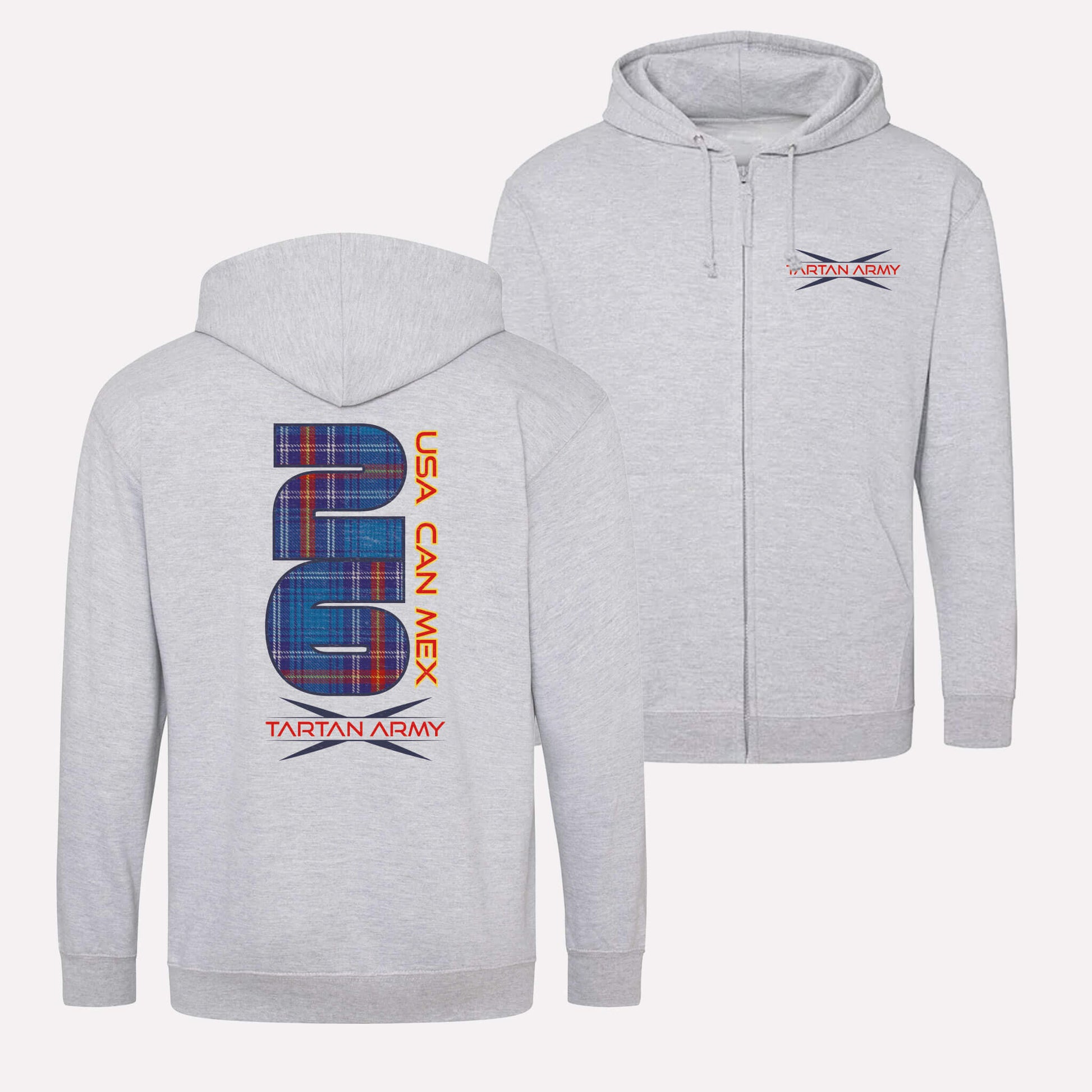 Front and Back views of ash zipped hoodie with Tartan Army logo on the left chest and Scottish Blue USA CAN MEX 26 design on the back