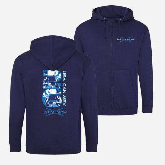 Front and Back views of navy zipped hoodie with Tartan Army logo on the left chest and Scottish Blue USA CAN MEX 26 design on the back