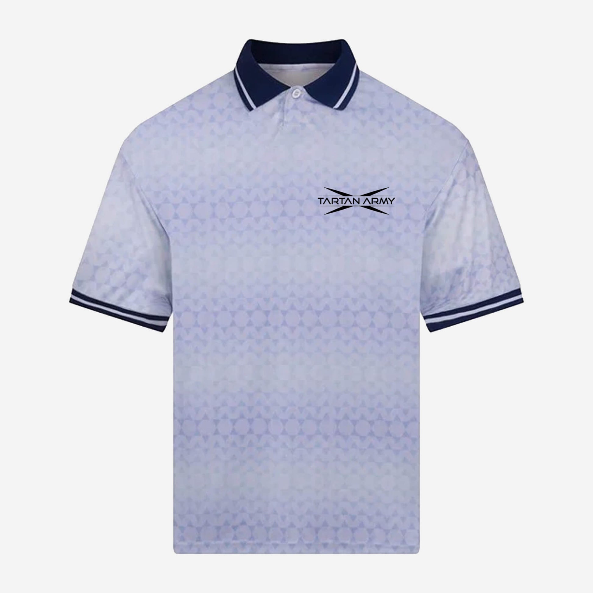 A white royal Tartan Army Retro style polo shirt with contrast white collar and wicking fabric.