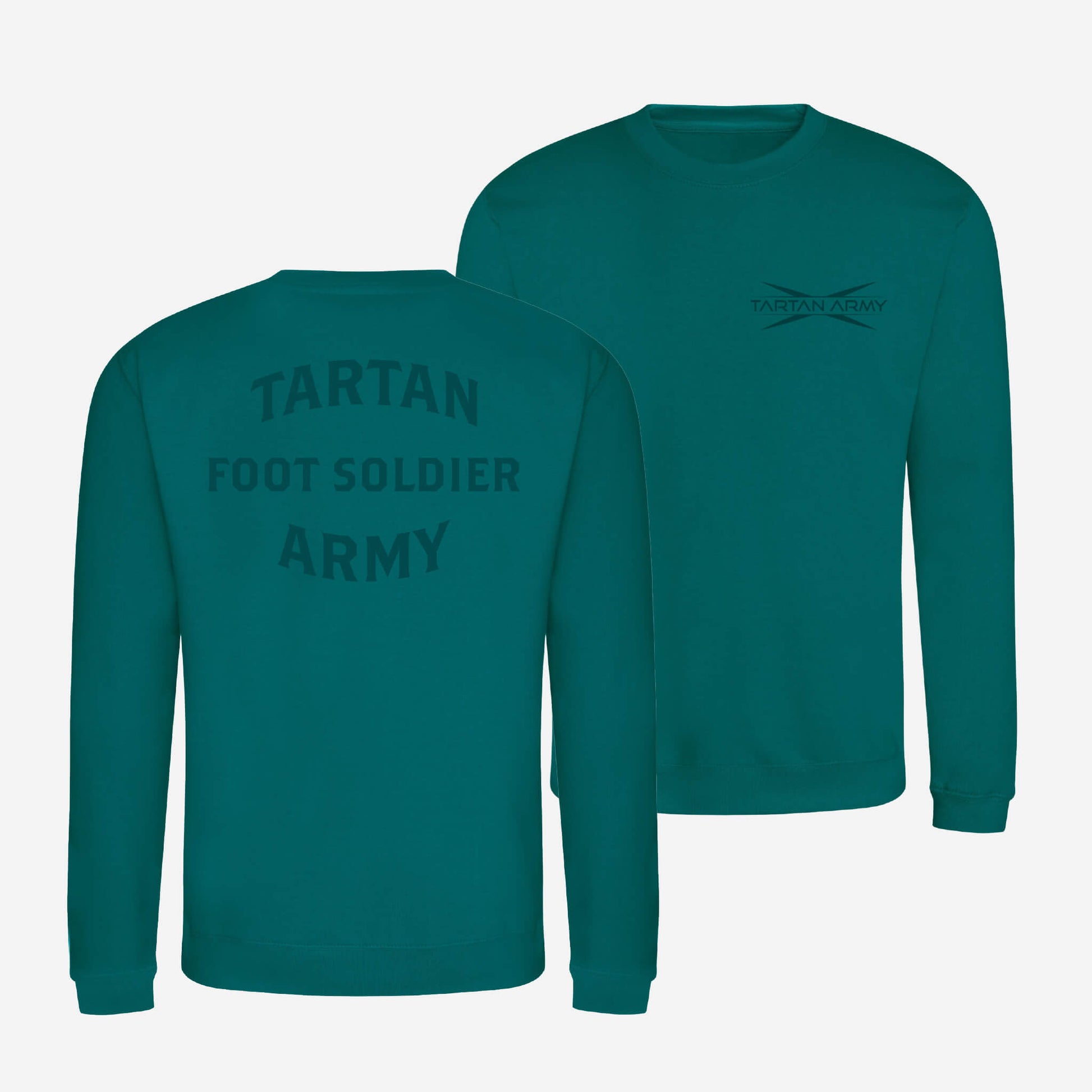 Front and back view of jade sweatshirt with Tartan Army logo printed on the left chest and tone on tone Tartan Army Foot Soldier design on the back 