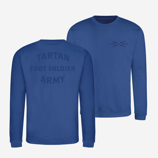 Front and back view of royal blue sweatshirt with Tartan Army logo printed on the left chest and tone on tone Tartan Army Foot Soldier design on the back 