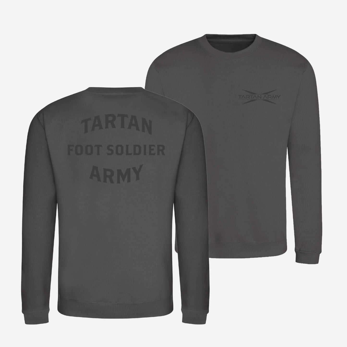 Front and back view of steel grey sweatshirt with Tartan Army logo printed on the left chest and tone on tone Tartan Army Foot Soldier design on the back 