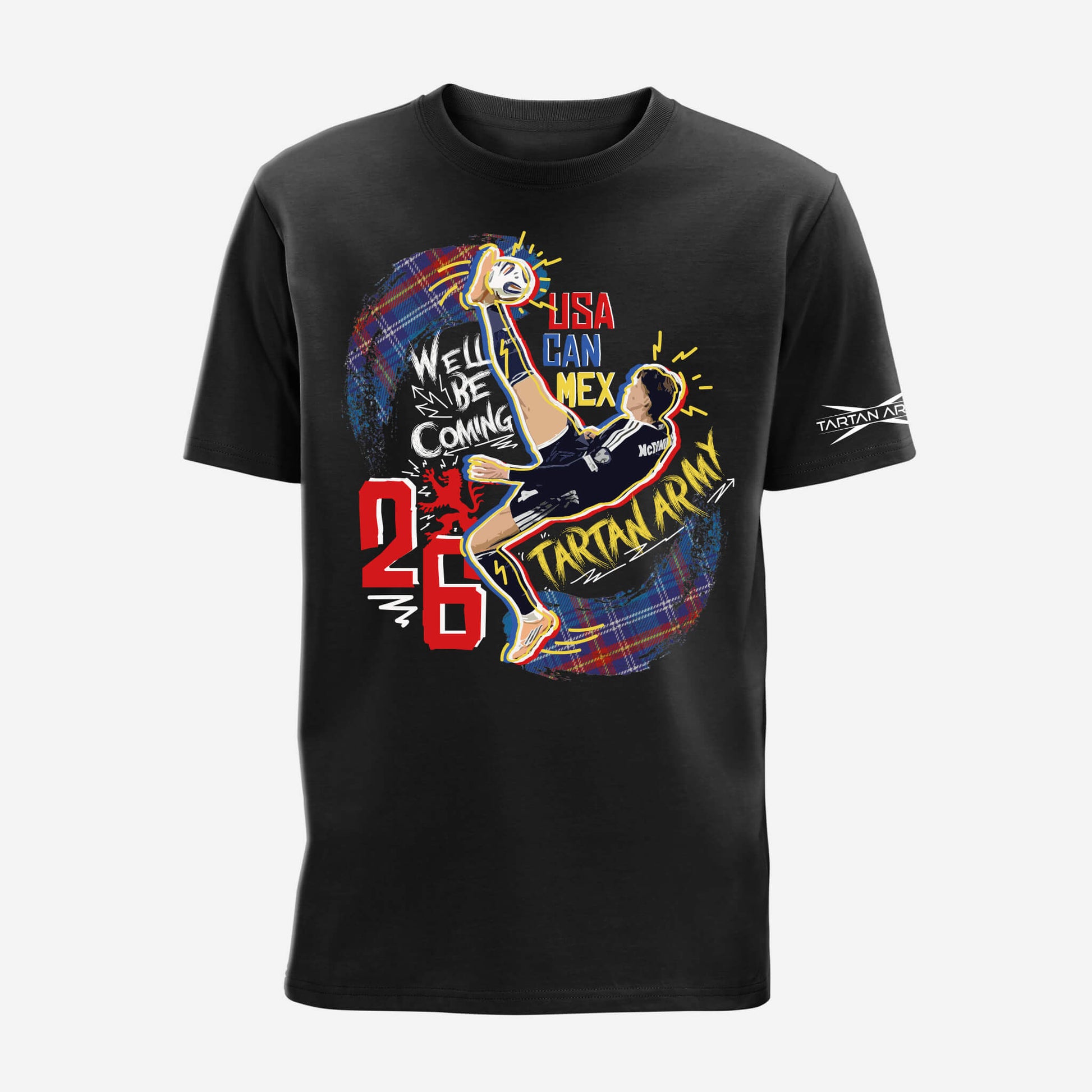 Black t-shirt with vibrant graffiti style McTominay design printed on the front