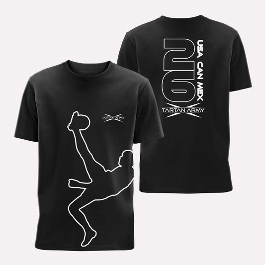 Front and back views of black t-shirt with McTominay Silhouette printed on the front and Tartan Army  USA CAN MEX design on the back