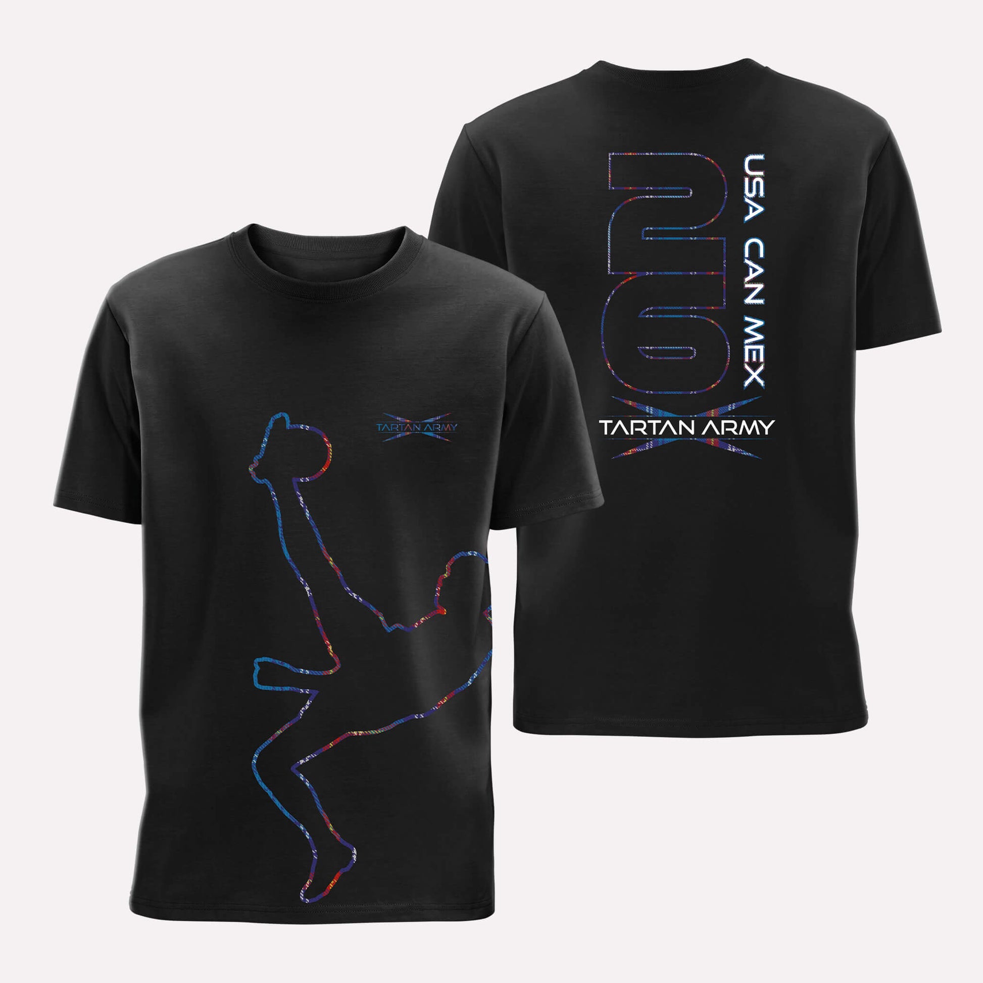 Front and back views of black t-shirt with McTominay silhouette outlined in tartan on the front and USA CAN MEX design on the back