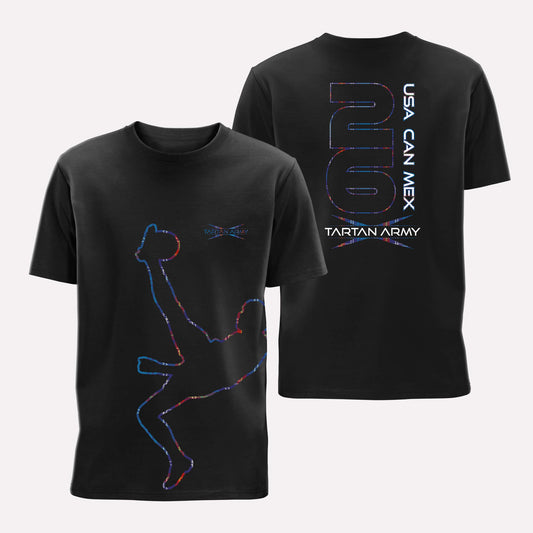 Front and back views of black t-shirt with McTominay silhouette outlined in tartan on the front and USA CAN MEX design on the back