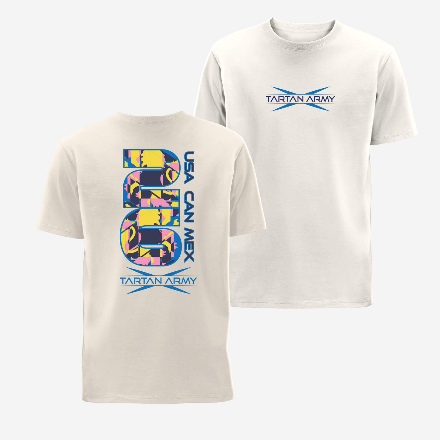 Front and back views of natural t-shirt with the Tartan Army logo printed on the front and Retro USA CAN MEX 26 design on the back