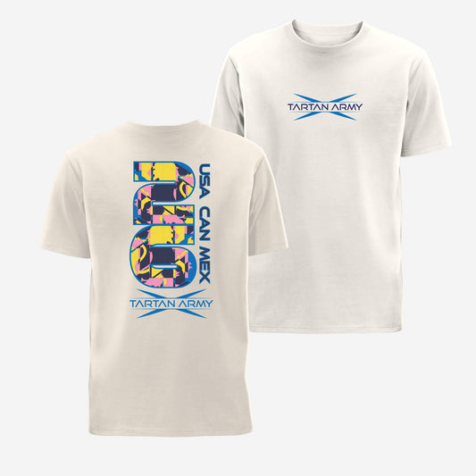 Front and back views of natural t-shirt with the Tartan Army logo printed on the front and Retro USA CAN MEX 26 design on the back