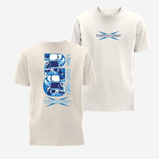 Front and back views of natural t-shirt with the Tartan Army logo printed on the front and Scottish Blue USA CAN MEX 206 design on the back