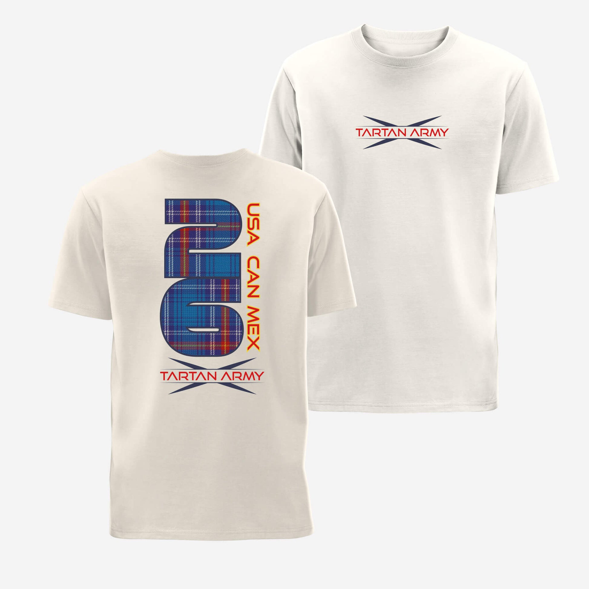 Front and back views of natural t-shirt with the Tartan Army logo printed on the front and Tartan USA CAN MEX 206 design on the back
