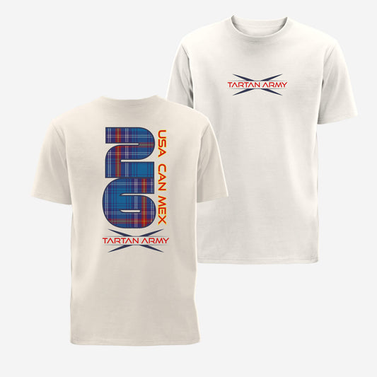 Front and back views of natural t-shirt with the Tartan Army logo printed on the front and Tartan USA CAN MEX 206 design on the back
