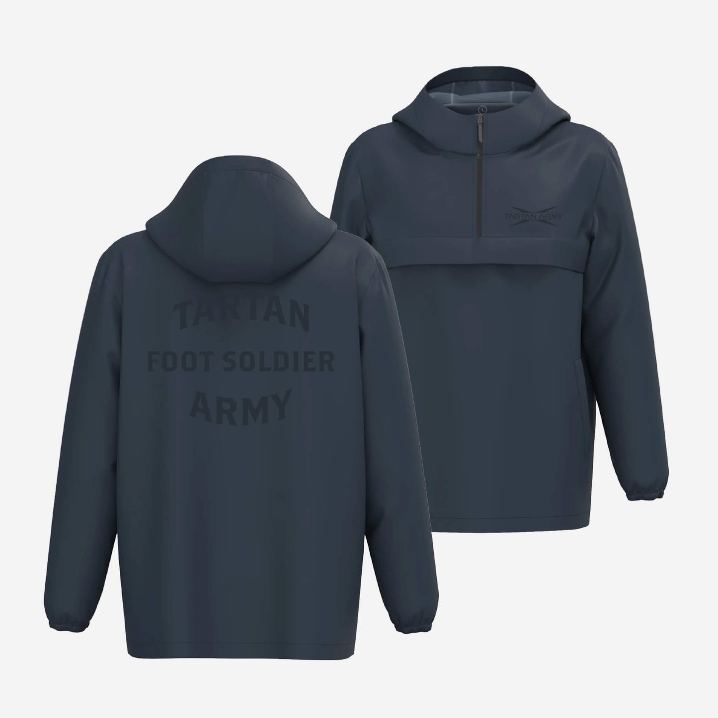 Front and back view of unisex, waterproof 3/4 zip windbreaker with Tartan Army logo printed on the left chest and tone on tone Tartan Army Foot Soldier design on the back