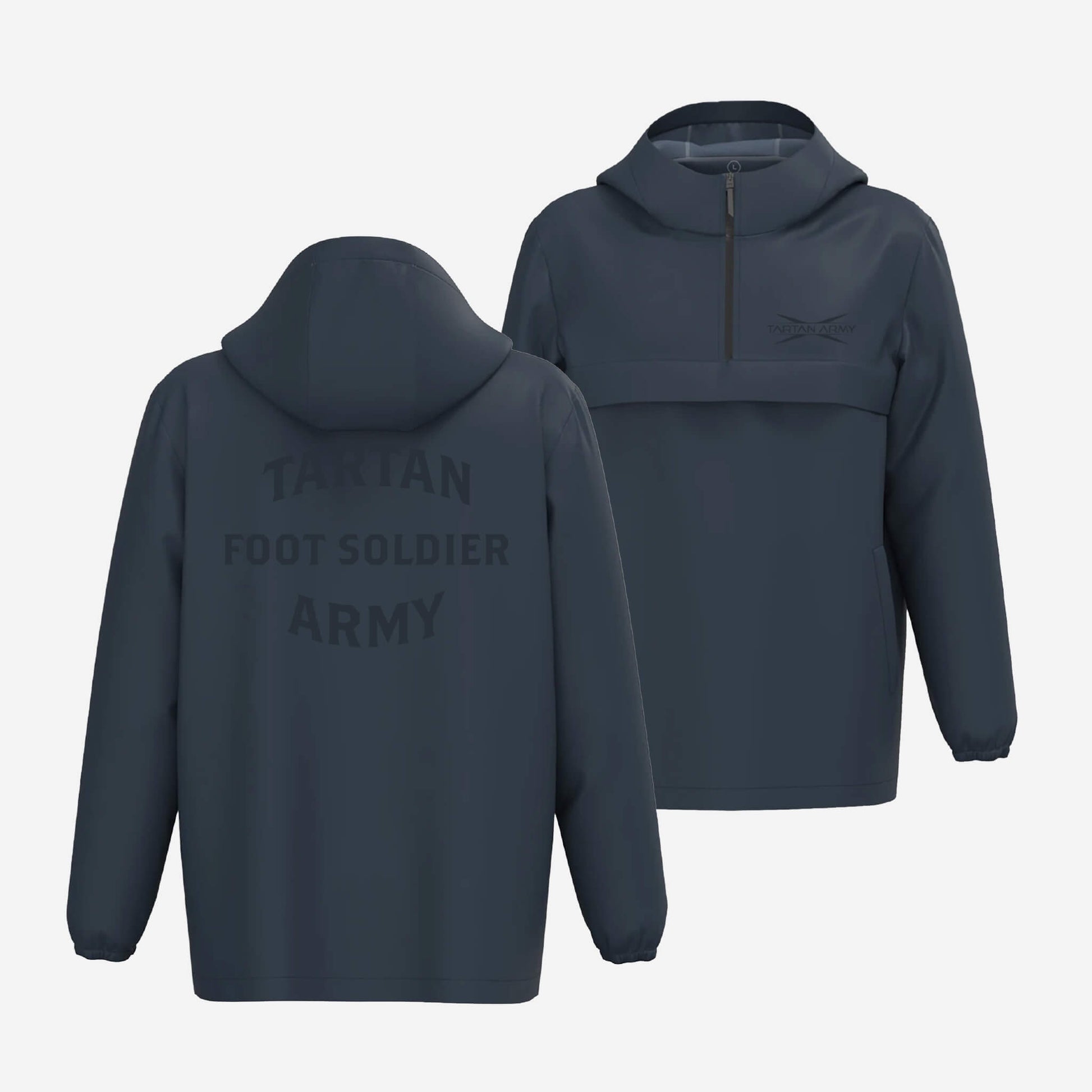 Front and back view of unisex, waterproof 3/4 zip windbreaker with Tartan Army logo printed on the left chest and tone on tone Tartan Army Foot Soldier design on the back