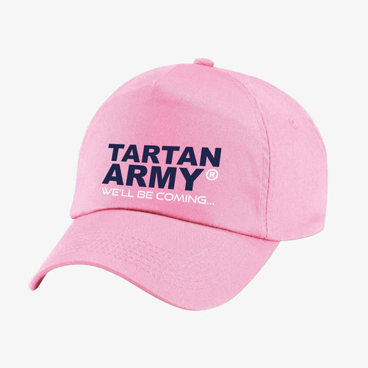 Pink baseball cap with Tartan Army and We'll Be Coming...
