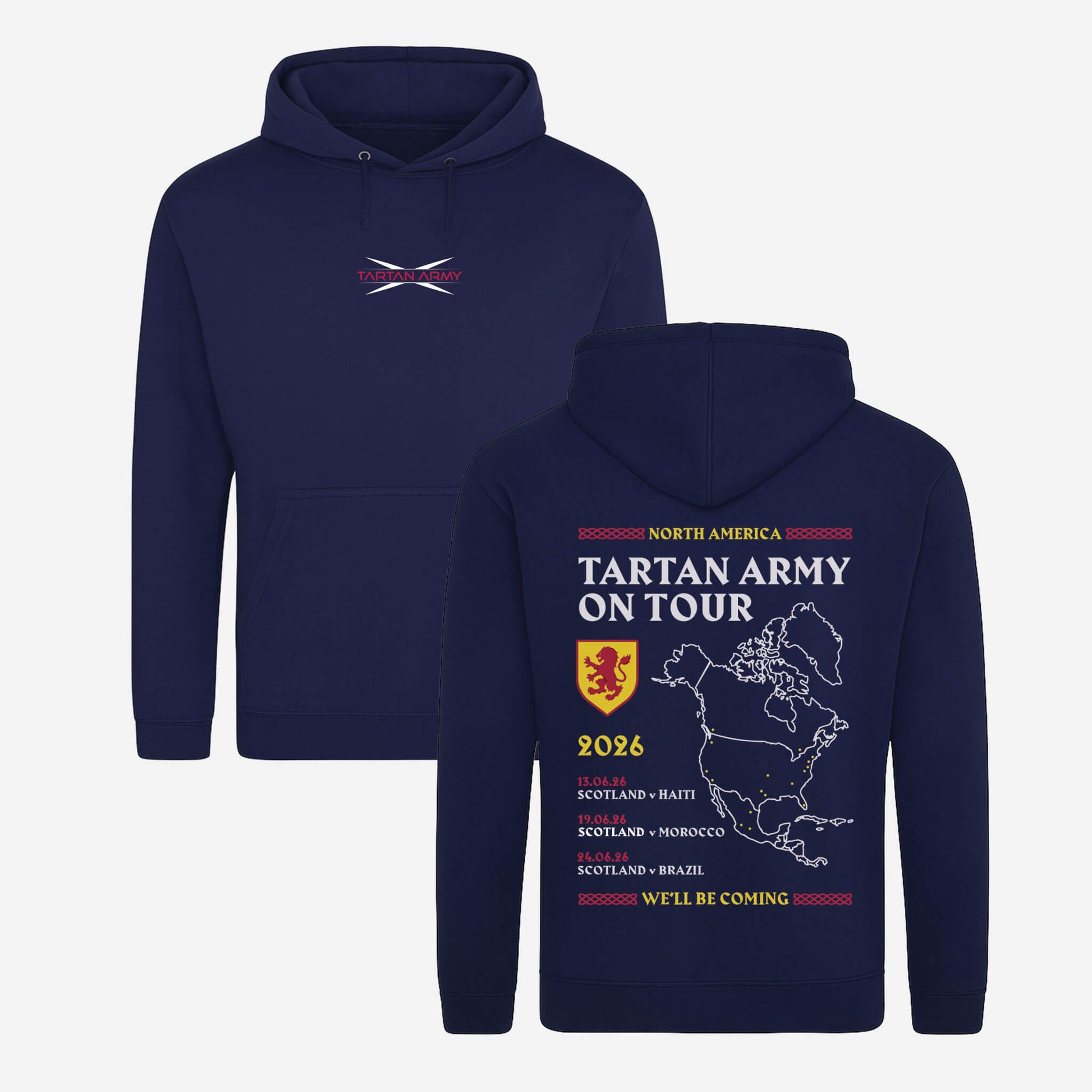 Front and back views of Tartan Army On Tour Hoodie