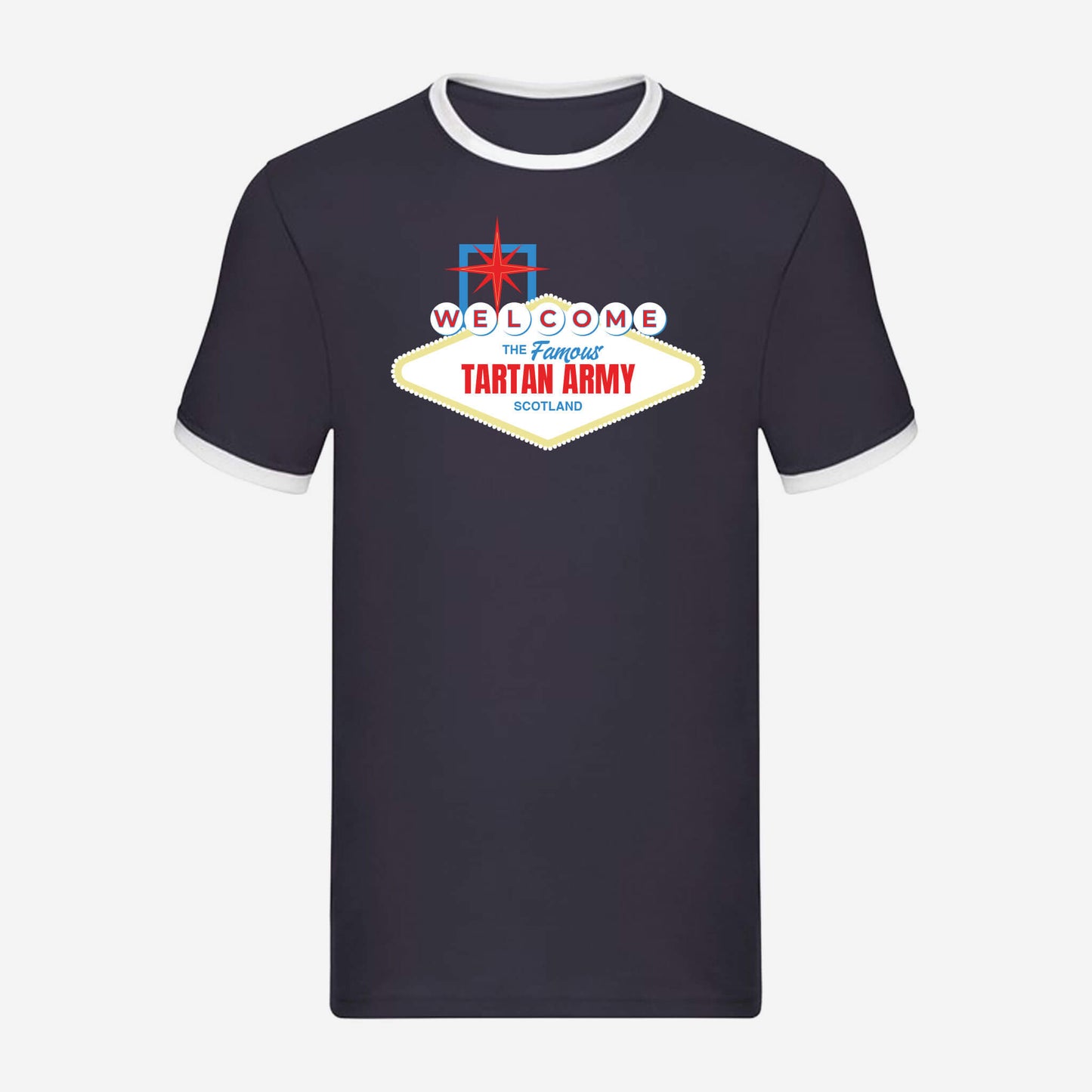 Vegas Sign Ringer T-Shirt - Navy/White Front View - Official Tartan Army