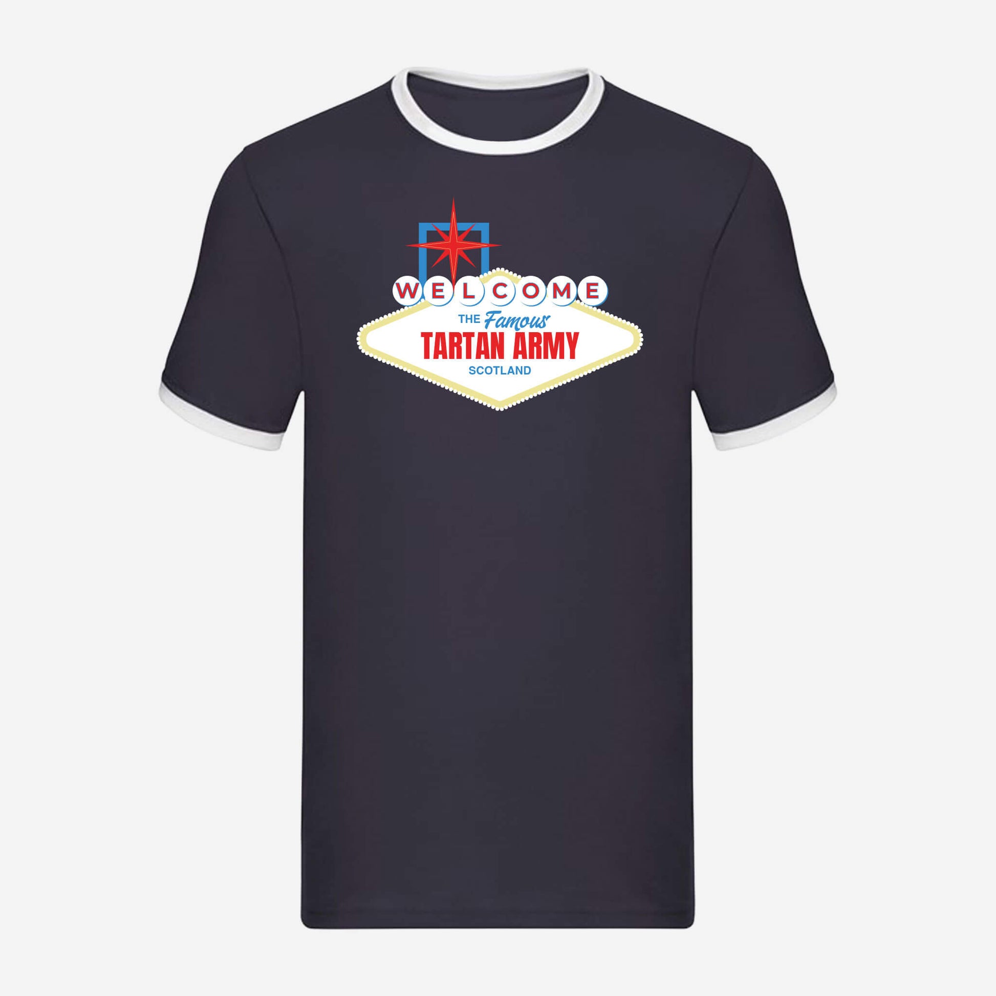 Vegas Sign Ringer T-Shirt - Navy/White Front View - Official Tartan Army