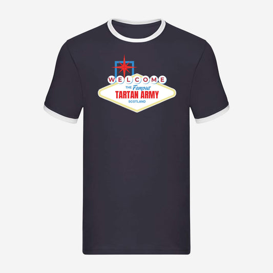 Vegas Sign Ringer T-Shirt - Navy/White Front View - Official Tartan Army