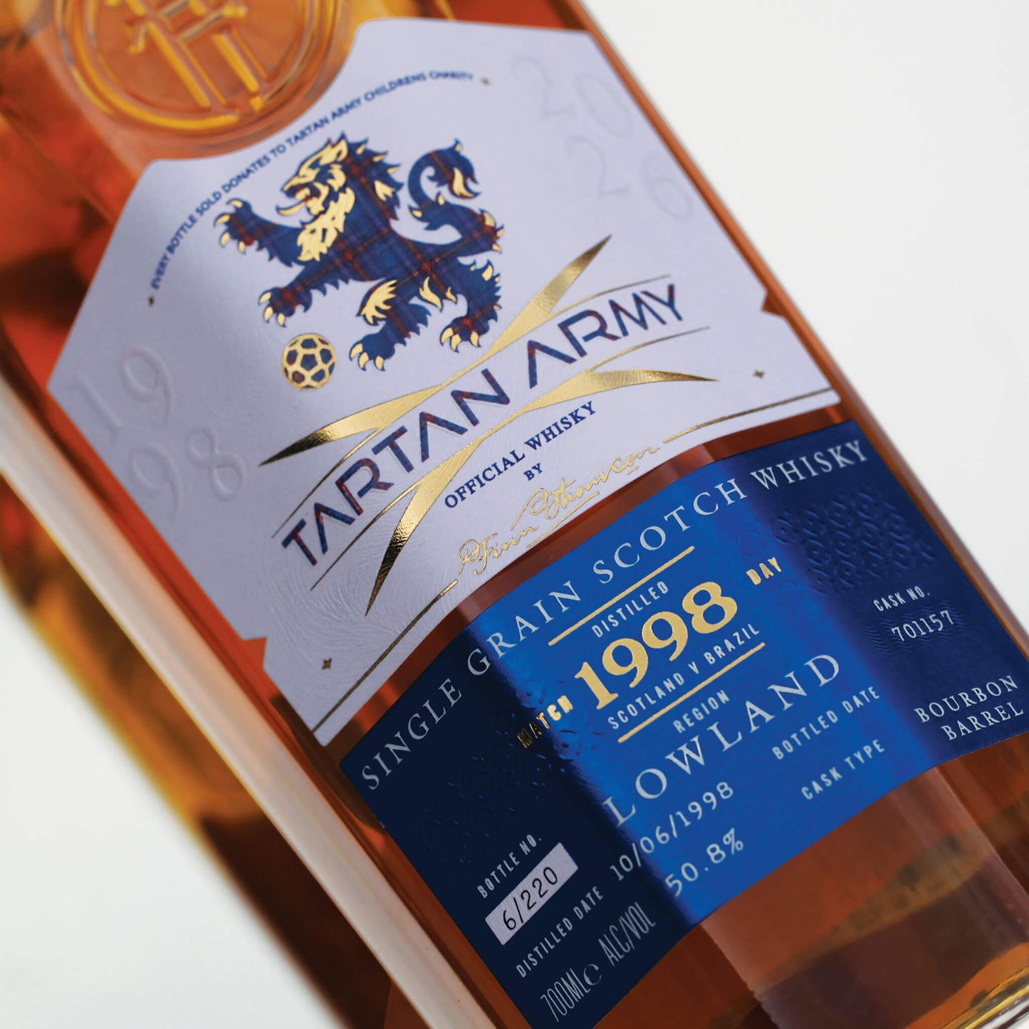 Close up image of bottle of Tartan Army Lowland Whisky on grey background
