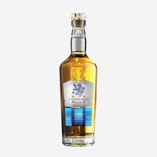 Image of bottle of Tartan Army Lowland Whisky on grey background